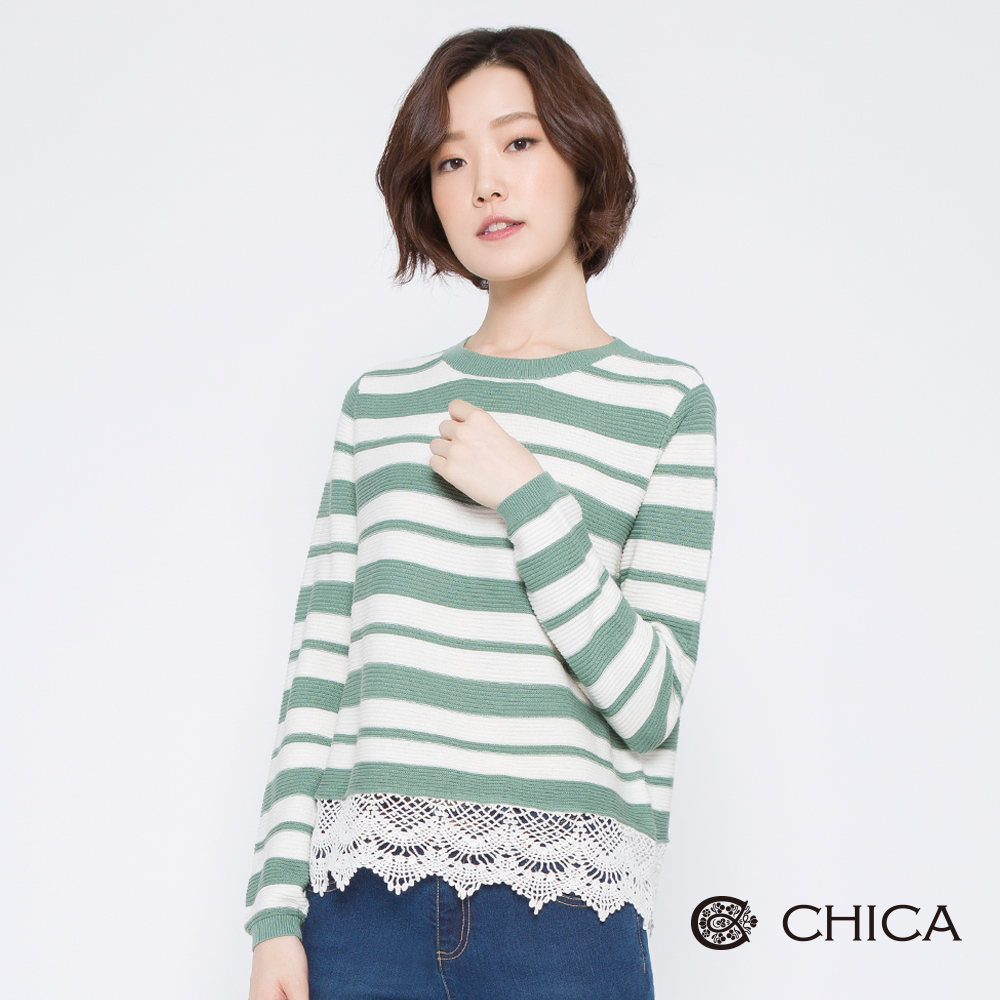 CHICA 法式浪漫拼接蕾絲條紋針織衫(2色)