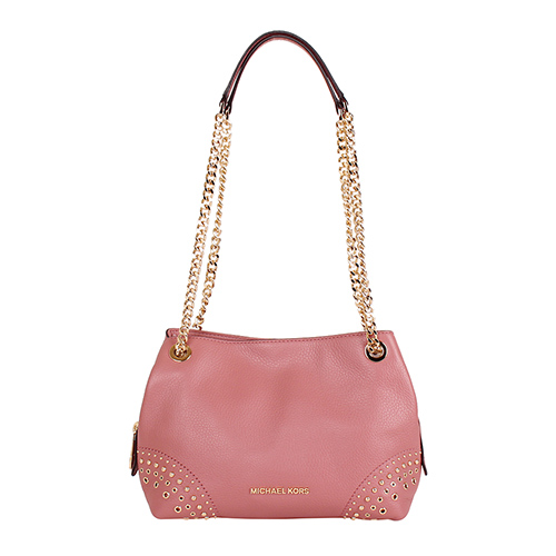 MICHAEL KORS-金字logo鉚釘皮革鍊帶肩背包(玫瑰粉)小