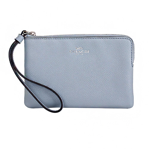 COACH- 烙印銀馬車logo防刮皮革L型手拿包(淺水藍色)