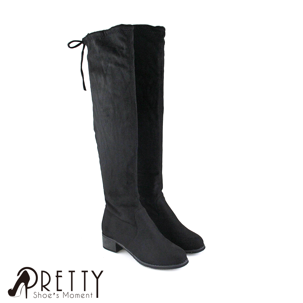 【Pretty】顯瘦彈性絨布蝴蝶結內刷毛低跟及膝靴