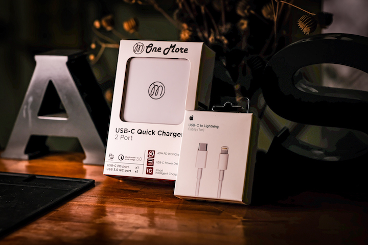 OneMore 『快充同捆包』60W 3A USB-C雙孔快充充電器 + Apple原廠 USB-C轉Lightning傳輸線