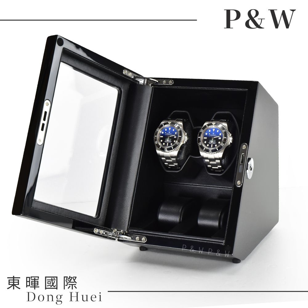 【P&W手錶自動上鍊盒】【玻璃鏡面】2+2支裝 5種轉速設定 矽膠錶枕【鋼琴烤漆】 機械錶專用 旋轉盒 錶盒