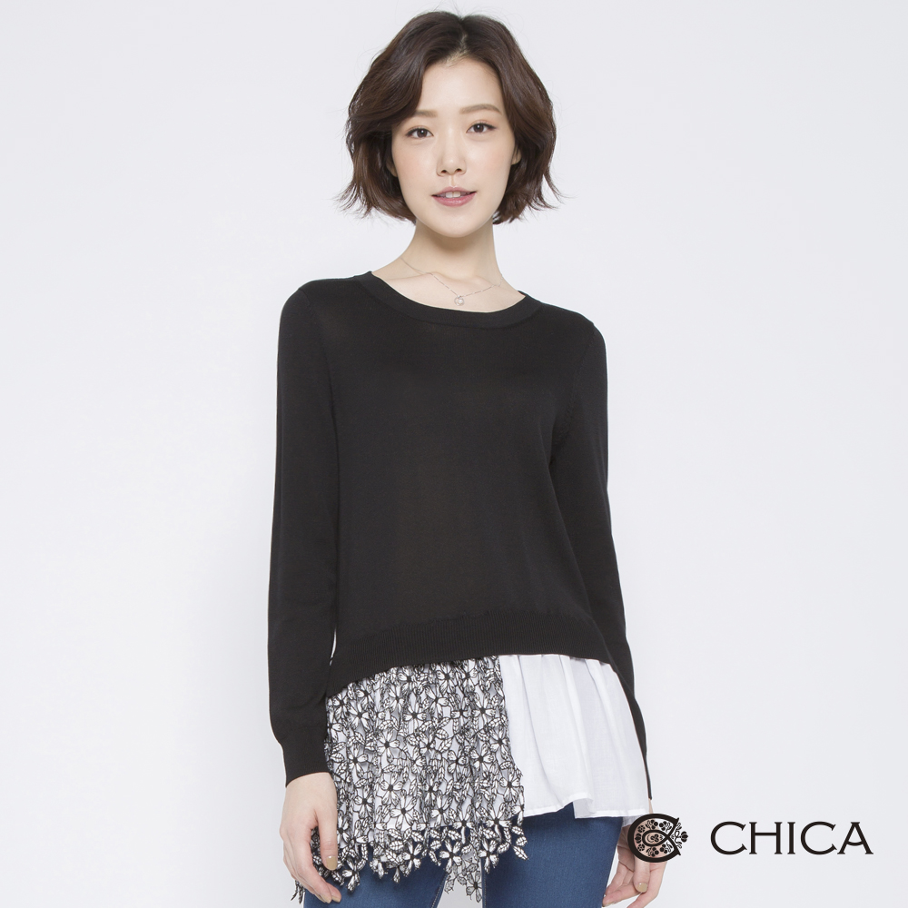 CHICA 好感氣質拼接花藝蕾絲針織衫(2色)