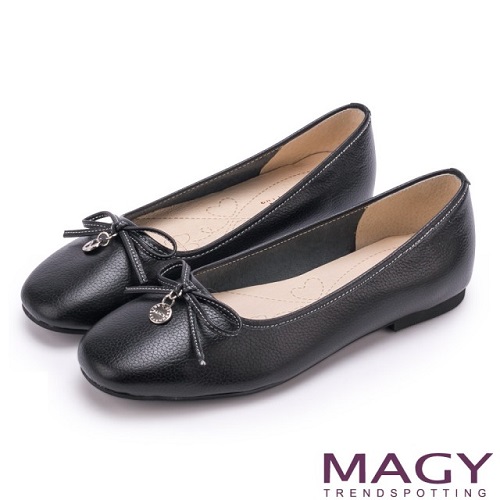 【MAGY】清新女孩 百搭細帶蝴蝶結牛皮娃娃鞋(黑色)