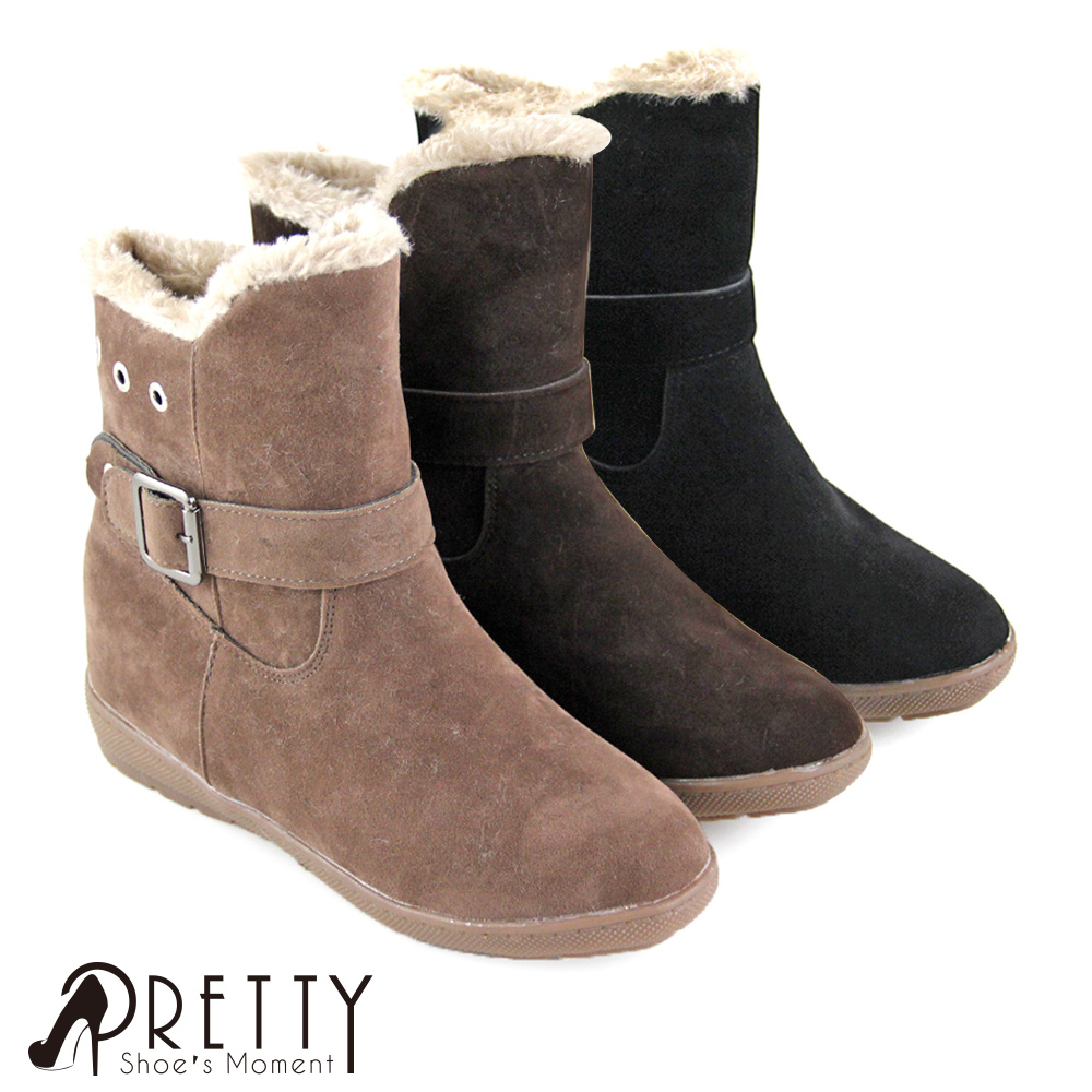 【Pretty】素面絨布一字皮釦小坡跟刷毛保暖短雪靴