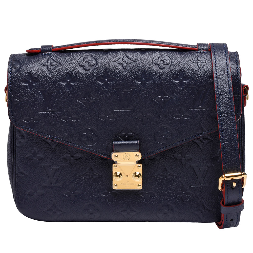 LV M44071 Pochette Metis系列經典Monogram Empreinte皮革壓花手提/斜背郵差包(海軍藍X紅色)