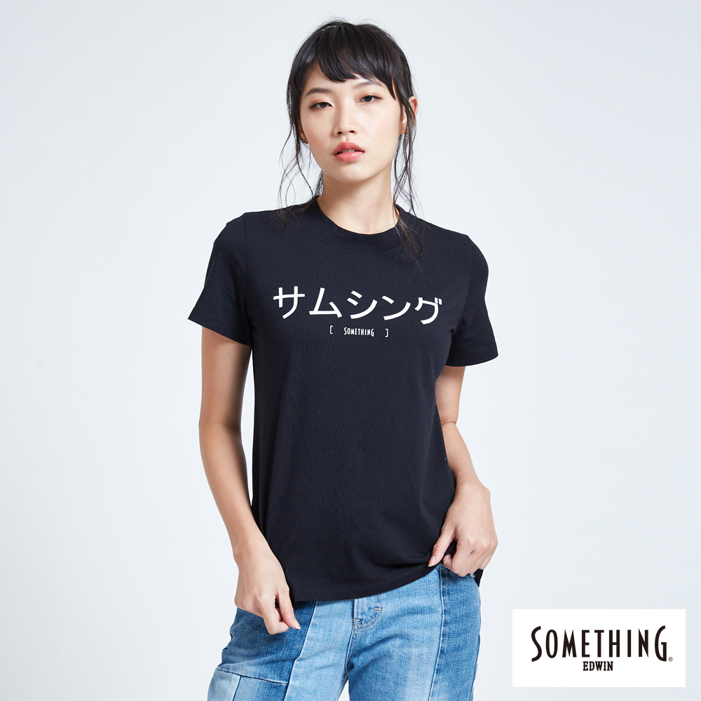 SOMETHING 日文LOGO半高領短袖T恤-女-黑色