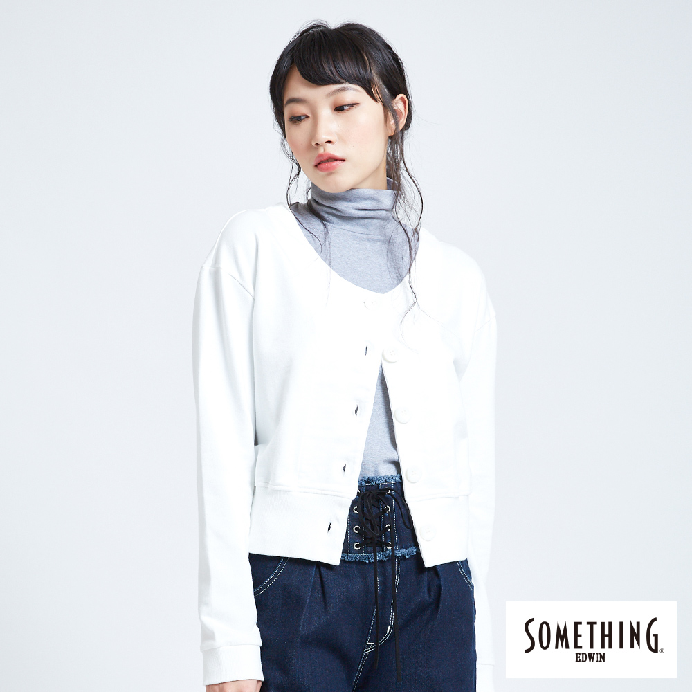 SOMETHING 雙面穿開襟圓領長袖T恤-女-白色