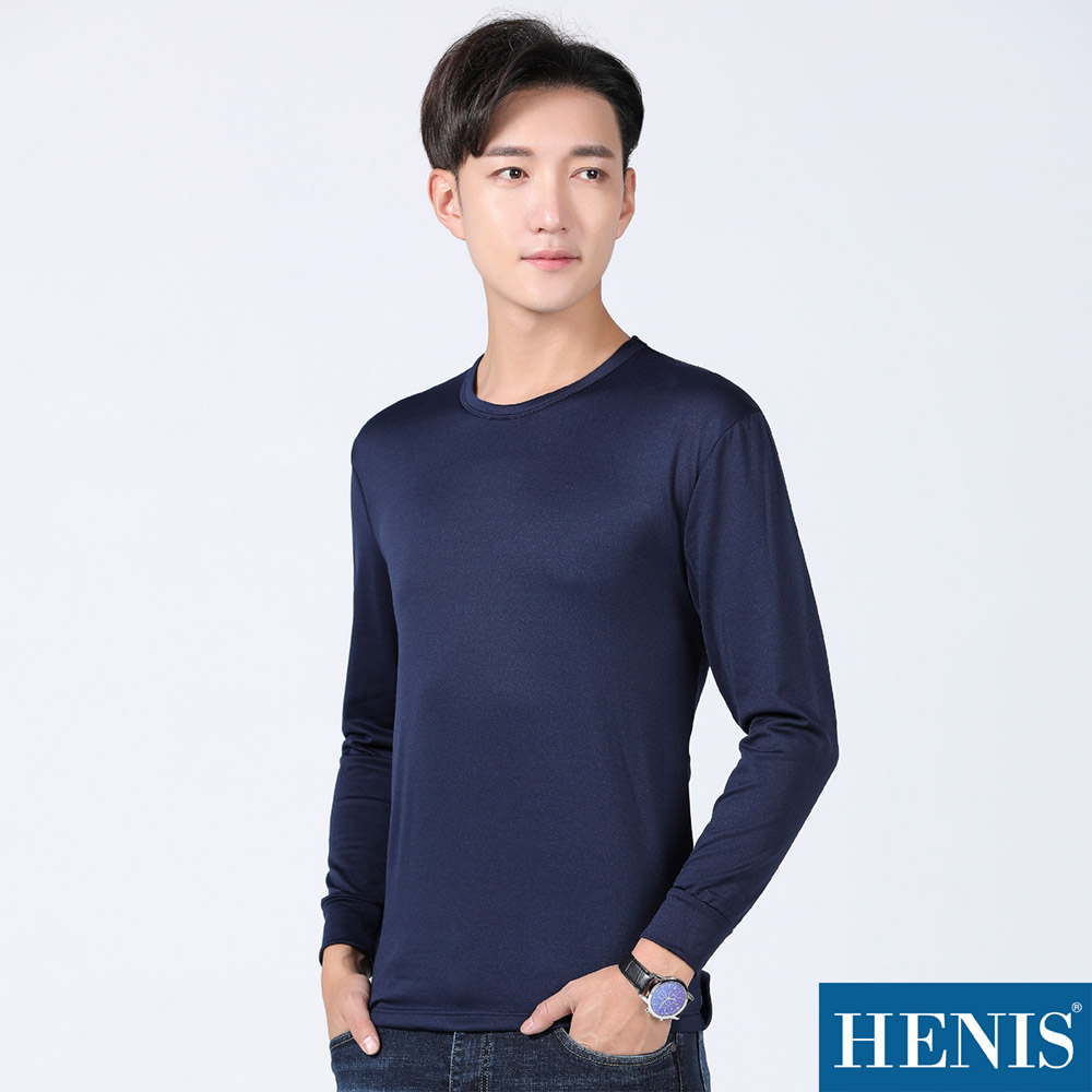 【HENIS】極致羽感 內刷毛 機能保暖衣 圓領 (藏青)