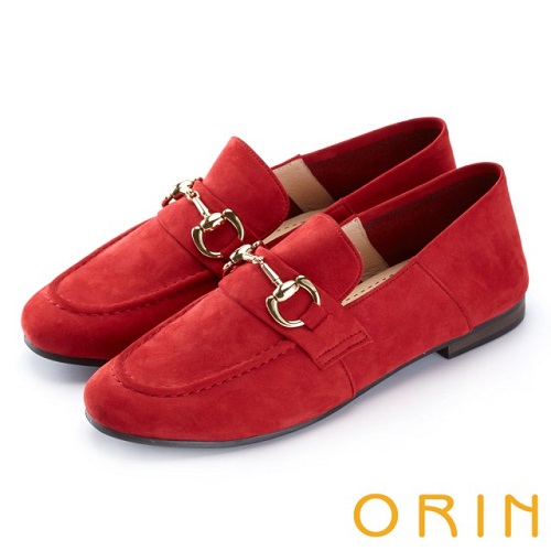 【ORIN】復古樂活主義 經典馬蹄扣牛皮平底鞋(紅色)