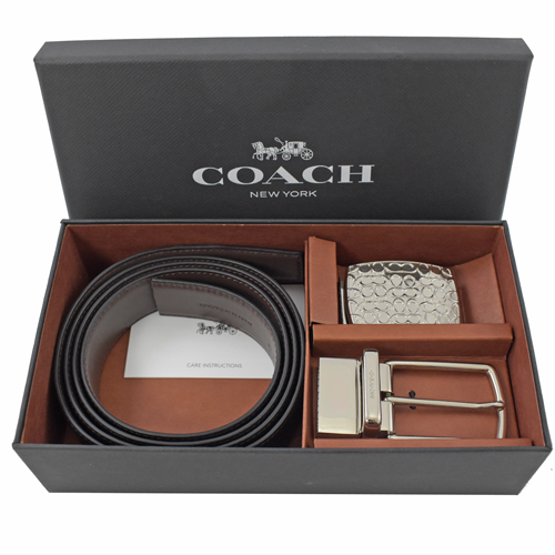COACH 經典質感荔枝牛皮雙面皮帶禮盒組.黑/深咖