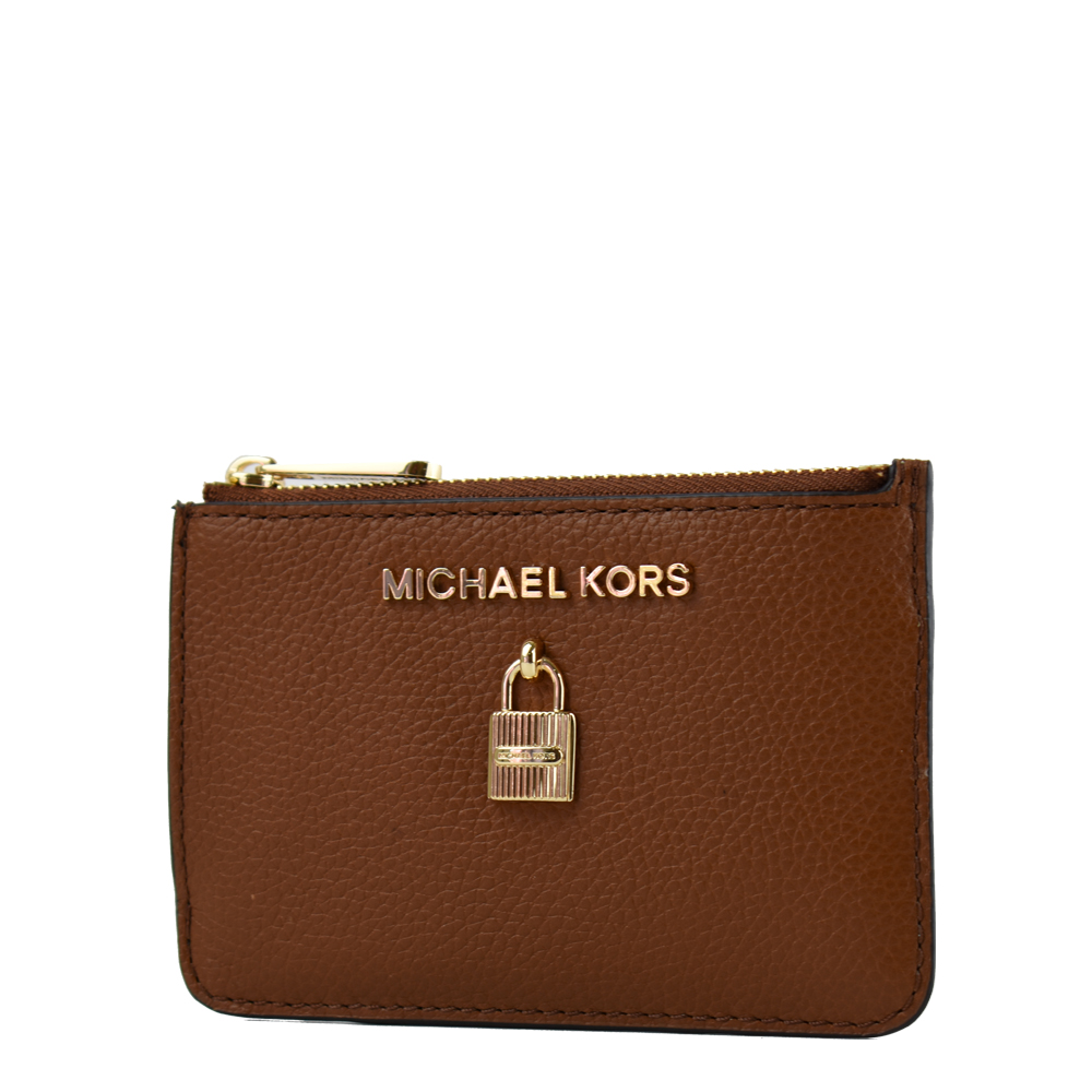 MICHAEL KORS 鎖頭裝飾荔枝紋拉鍊證件鑰匙零錢包-焦糖色
