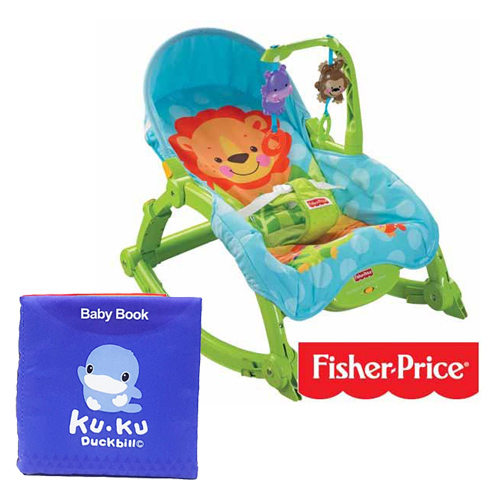 費雪牌 Fisher-Price 可愛動物可攜式兩用安撫躺椅+酷咕鴨KU.KU. 布書
