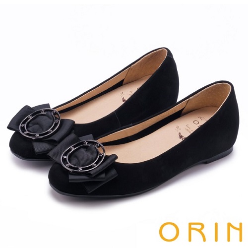 【ORIN】甜美素雅 金屬圓型星星釦環牛皮平底娃娃鞋(黑色)