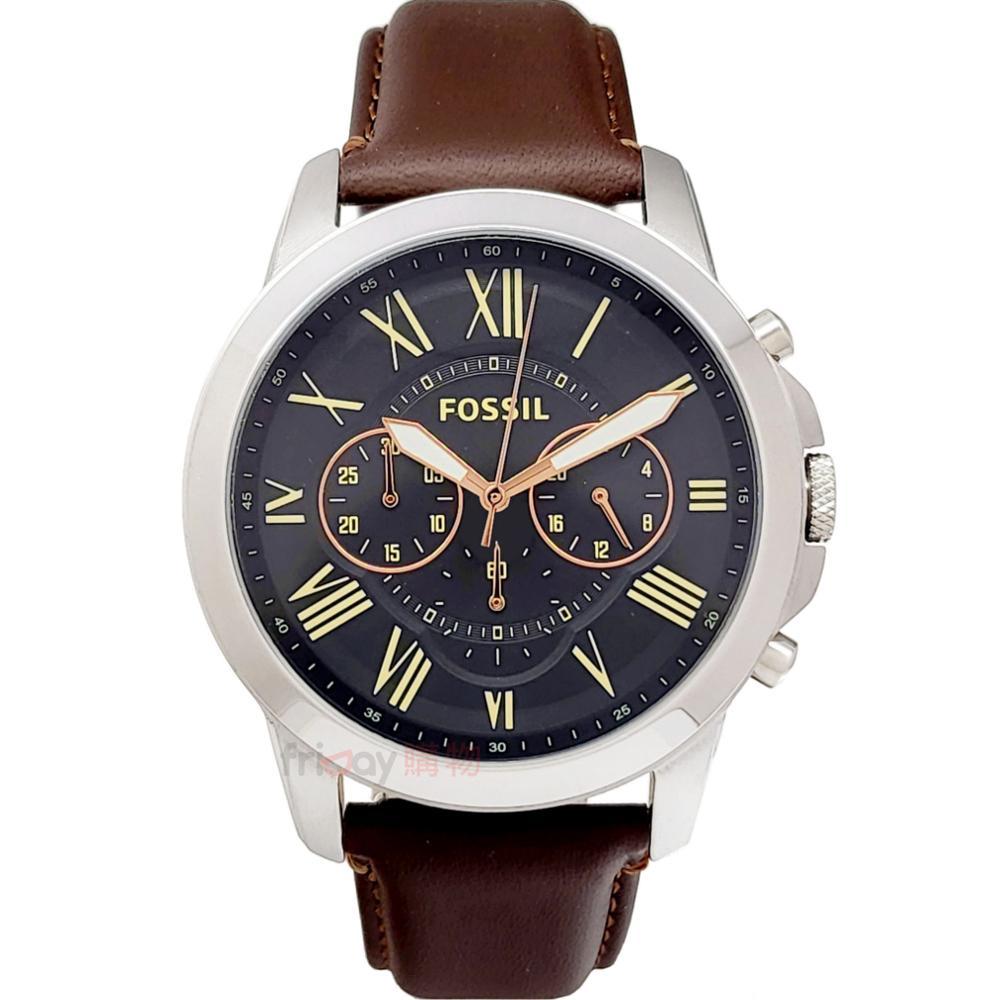 FOSSIL 手錶 FS4813 IE 羅馬時標 三眼計時 黑面 咖啡色錶帶44mm 男錶