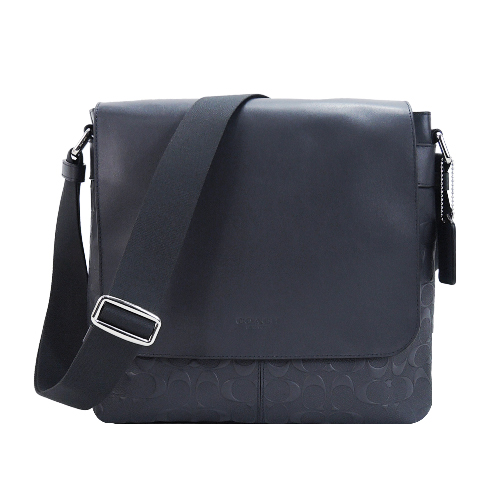 COACH 經典LOGO壓紋男用皮革斜背包(深藍)