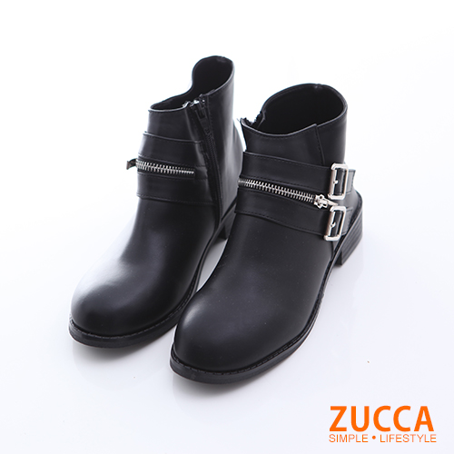 ZUCCA【z6514bk】皮革雙扣拉鍊低跟靴-黑色