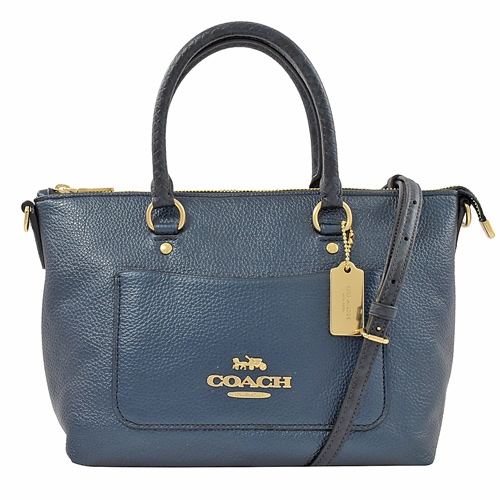 COACH EMMA 小款 馬車LOGO牛皮手提兩用包.金屬藍