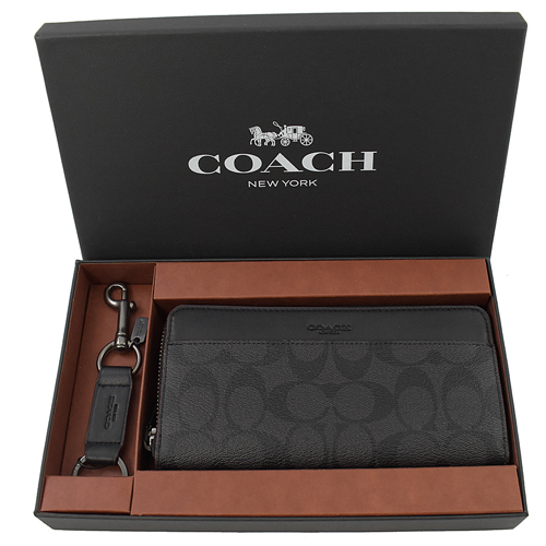 COACH 經典LOGO PVC拼接長夾鑰匙圈禮盒組.黑灰
