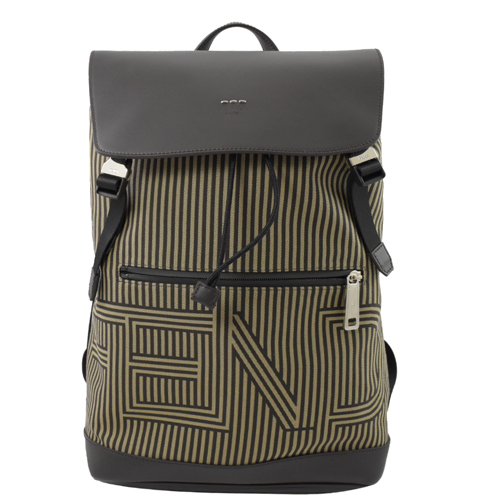 Fendi 經典LOGO直條紋帆布拼接後背包.咖黑