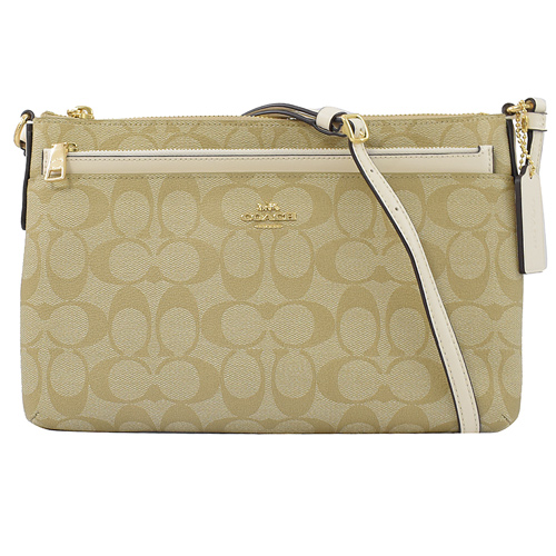 COACH 馬車LOGO PVC附活動袋雙層斜背包.卡其/白