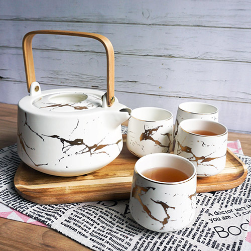 【Homely Zakka】 北歐時尚大理石陶瓷茶壺杯托盤套組(白色)