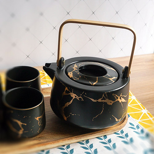 【Homely Zakka】北歐時尚大理石陶瓷茶壺+托盤組(黑色)