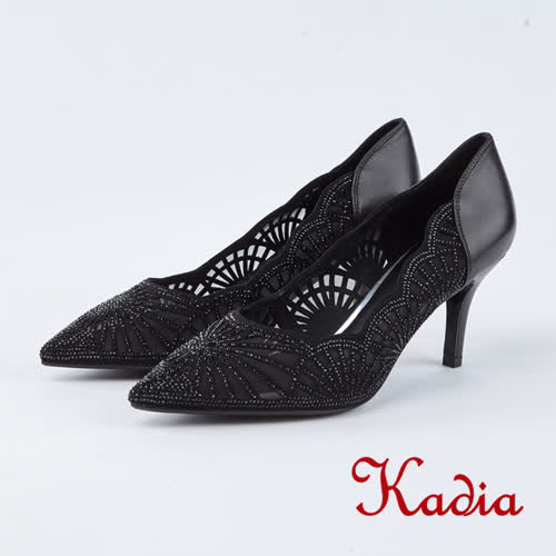 kadia.精緻雕花羊皮尖頭高跟鞋(8533-91黑色)