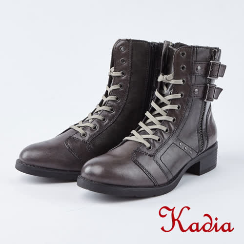 kadia.街頭率性魅力雙扣綁帶中筒軍靴(8702-81咖啡色)