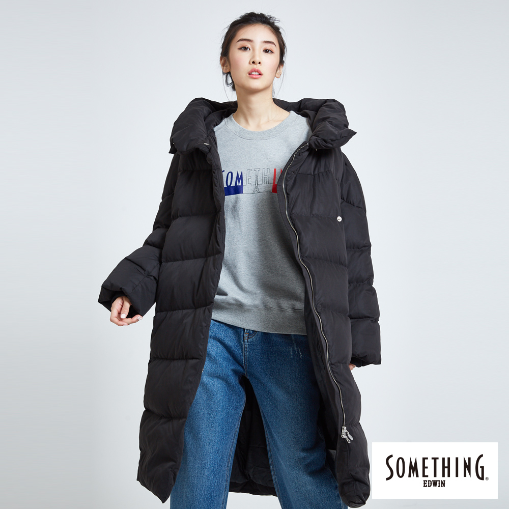 SOMETHING 防風長版羽絨外套-女-黑色