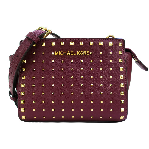 MICHAEL KORS SELMA 鉚釘防刮牛皮拉鍊斜背包(迷你/深紅)