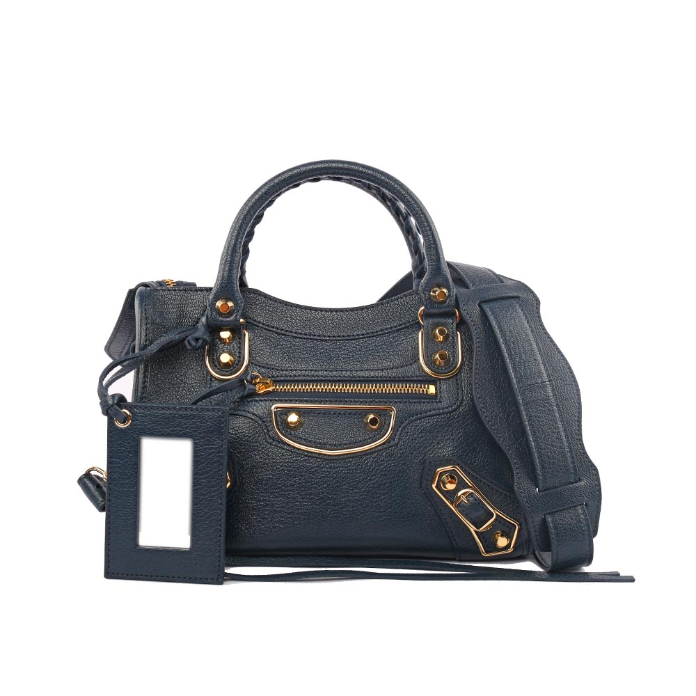 【BALENCIAGA】金釦邊框山羊皮mini city斜背機車(墨藍色) 390160 AQ41G 4065