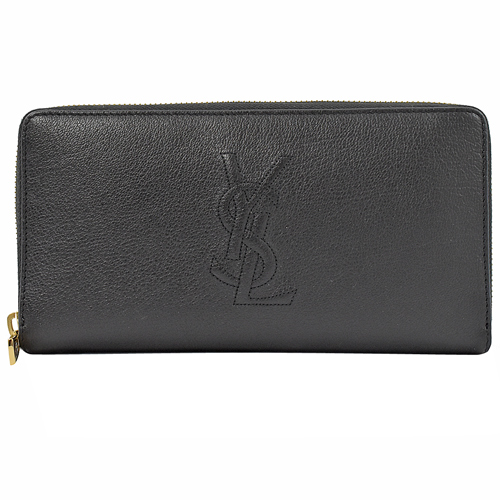 YSL Belle De Jour 車縫LOGO牛皮拉鍊長夾.黑