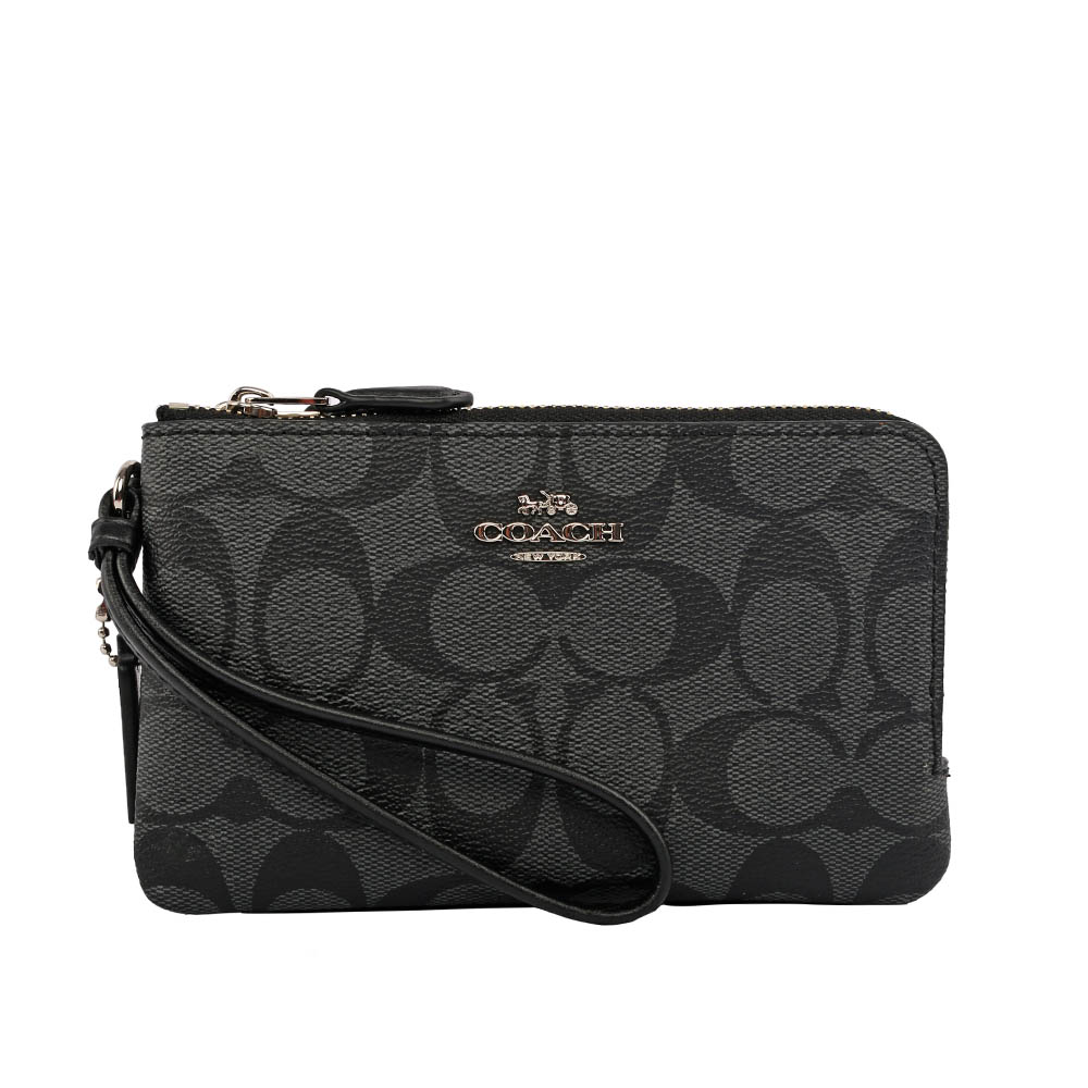 【COACH】PVC LOGO雙層L型拉鍊手拿包(灰色) F87591 SVDK6