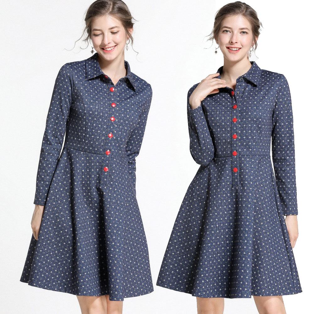 【麗質達人】79502藍色印花洋裝(M-5XL)