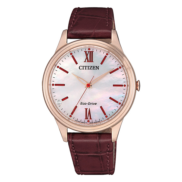 CITIZEN 光動能晶彩貝殼面皮革腕錶-紅-EM0413-17D