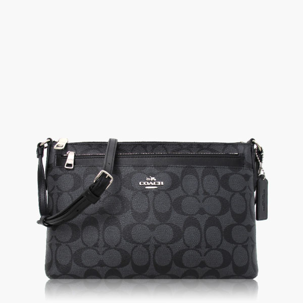 COACH 經典 PVC / 可拆式拉鏈手拿 / 斜背包_黑灰