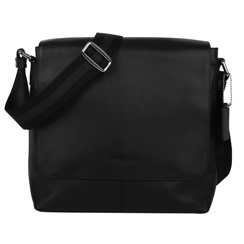 COACH- 壓印LOGO皮革掀蓋磁扣斜背包(黑)