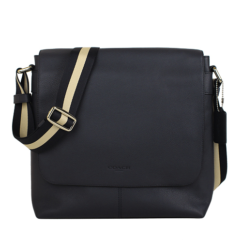 COACH- 壓印LOGO皮革藍米織帶掀蓋磁扣斜背包(深藍)
