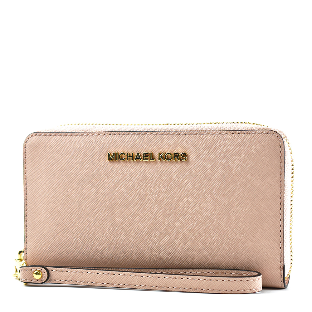 MICHAEL KORS JETSET 防刮皮革拉鍊手掛式中夾/手機包-櫻花粉