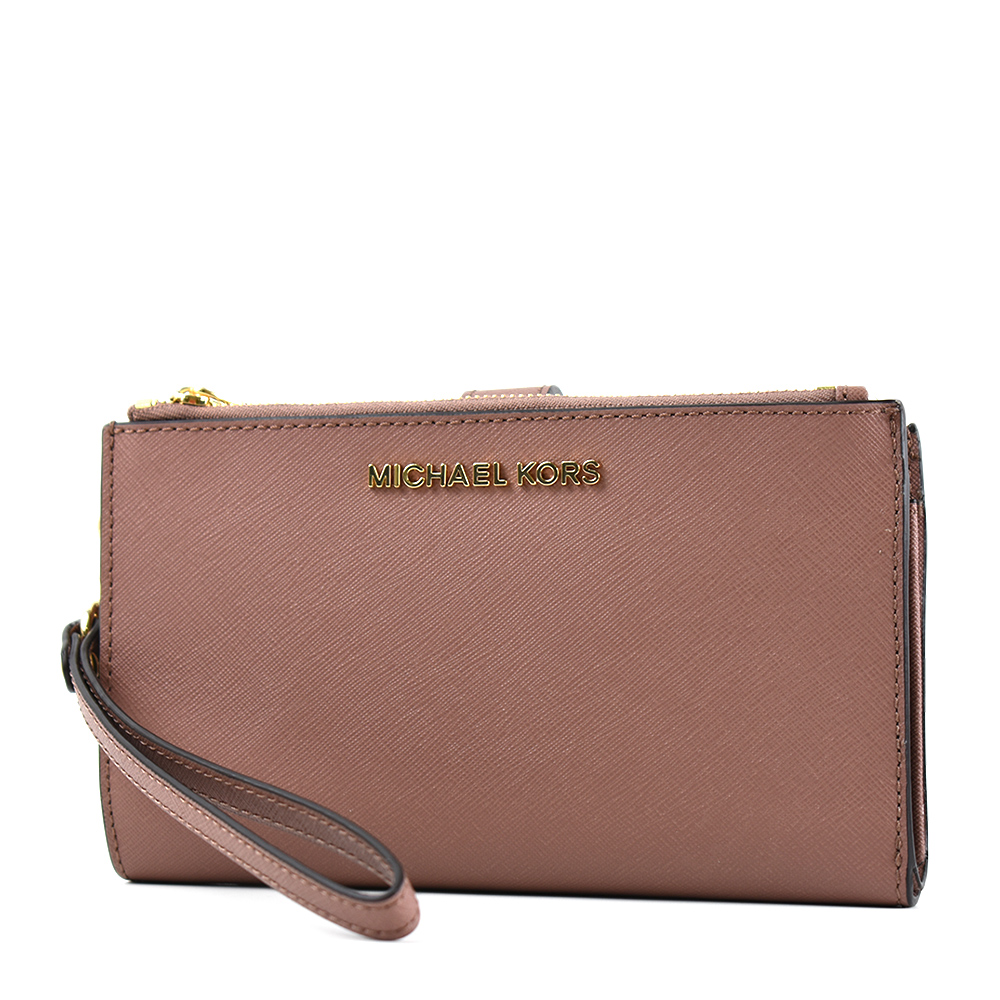 MICHAEL KORS 專櫃款 防刮皮革對折釦式手掛手拿/手機包-粉塵玫瑰