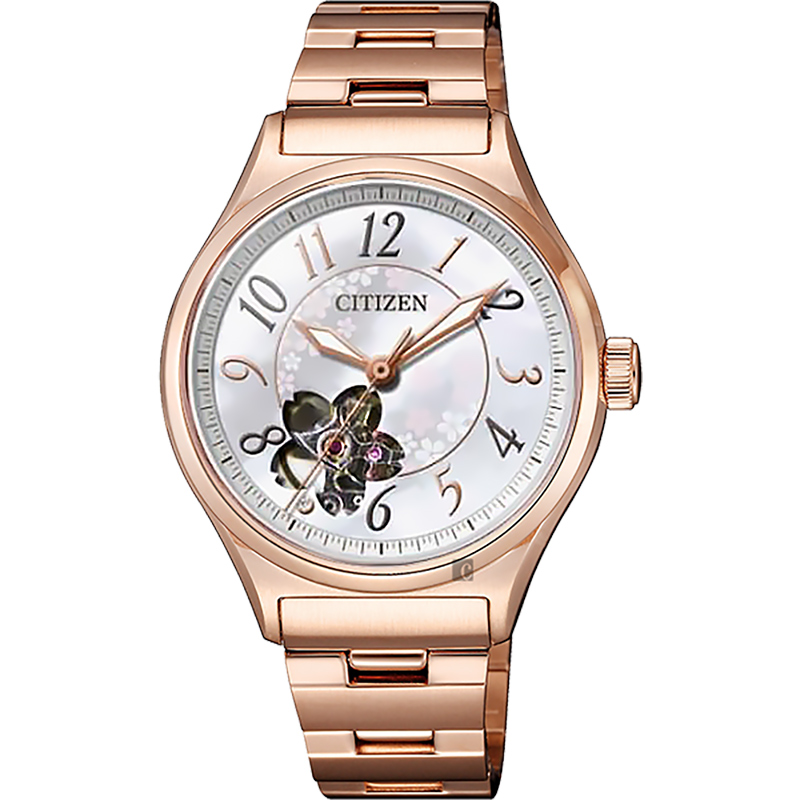 CITIZEN 星辰 Lady 櫻花限定版鏤空機械錶-玫瑰金/34mm PC1007-65D