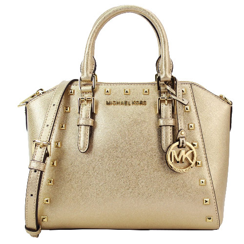 Michael Kors Ciara 防刮牛皮鉚釘手提/斜背兩用包(中/金)