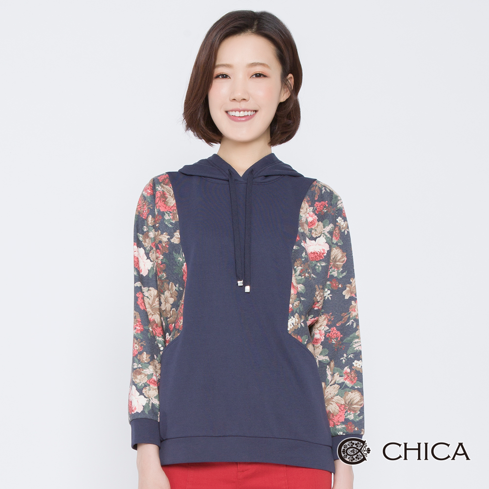 CHICA 秋漾美學拼接花藝連帽衛衣(1色)