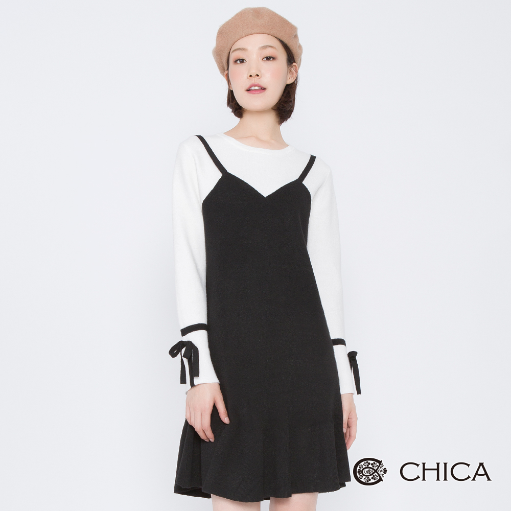 CHICA 甜美赫本荷葉襬造型針織洋裝(2色)
