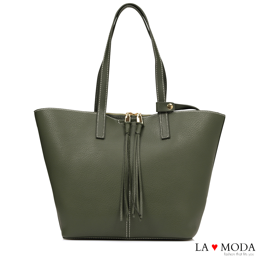 La Moda 設計感車線流蘇肩背手提托特大包(綠色)