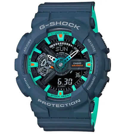 G-SHOCK 酷炫雙顯男錶 橡膠錶帶 消光藍X綠 防水200米 GA-110CC-2A