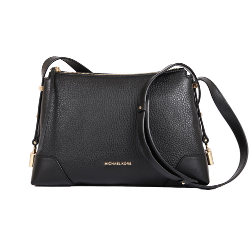 Michael Kors 金色金屬字母荔枝皮革中型斜背包(黑色)