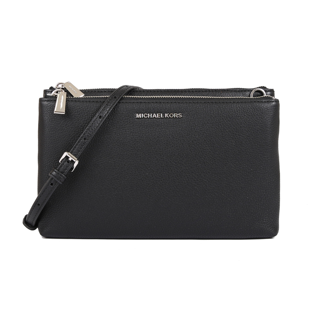 Michael Kors 銀色字母荔枝皮革雙拉鍊斜背包(黑色)