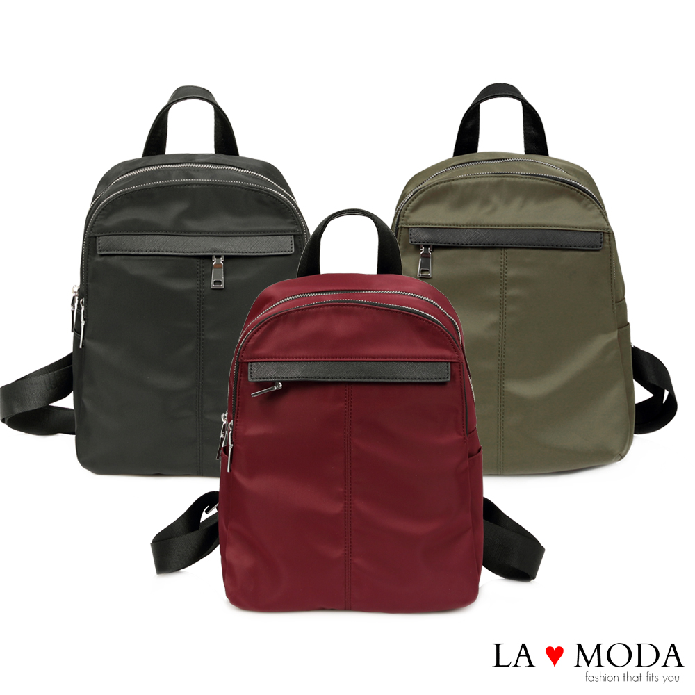 La Moda 模特街頭穿搭必備十字紋真皮牛皮配尼龍布防潑水後背包(綠色)